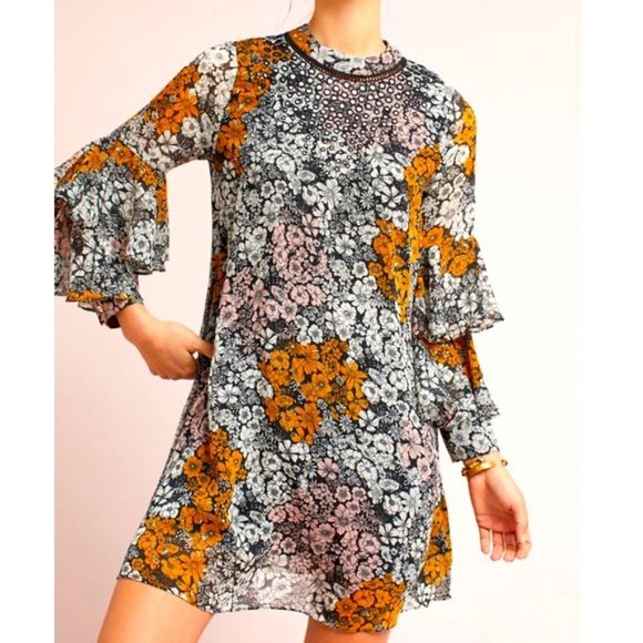 NWT-Ranna Gill Floral Mirror Flutter Sleeve Dress-Sz S - Picture 1 of 15